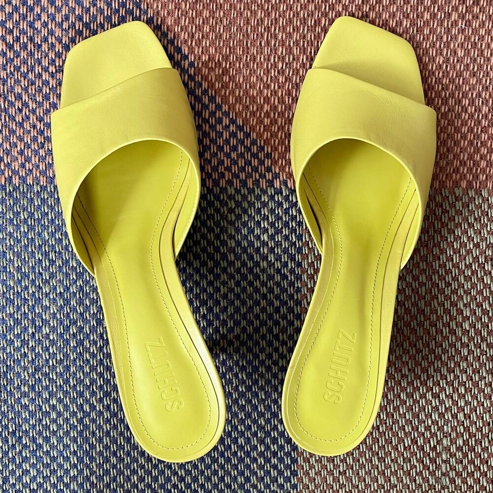 Schutz Dethalia Leather Mules Heels in Citrus Yellow